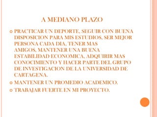 A MEDIANO PLAZO
 PRACTICAR UN DEPORTE, SEGUIR CON BUENA
  DISPOSICION PARA MIS ESTUDIOS, SER MEJOR
  PERSONA CADA DIA, TENER MAS
  AMIGOS, MANTENER UNA BUENA
  ESTABILIDAD ECONOMICA, ADQUIRIR MAS
  CONOCIMIENTO Y HACER PARTE DEL GRUPO
  DE INVESTIGACION DE LA UNIVERSIDAD DE
  CARTAGENA.
 MANTENER UN PROMEDIO ACADEMICO.

 TRABAJAR FUERTE EN MI PROYECTO.
 