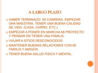 A LARGO PLAZO
 HABER TERMINADO MI CARRERA, EMPEZAR
  UNA MAESTRIA, TENER UNA BUENA CALIDAD
  DE VIDA. (CASA, CARRO, ETC.)
 EMPEZAR A PONER EN MARCHA MI PROYECTO
  Y PENSAR EN TENER UNA FAMILIA.
 VIAJAR A SITIOS DESCONOCIDOS.

 MANTENER BUENAS RELACIONES CON MI
  FAMILIA Y AMIGOS.
 TENER BUENA SALUD FISICA Y MENTAL.
 