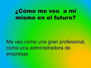 ¿Cómo me veo a mi
   mismo en el futuro?



Me veo como una gran profesional,
como una administradora de
empresas
 