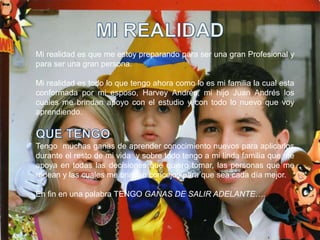 Mi realidad es que me estoy preparando para ser una gran Profesional y
para ser una gran persona.

Mi realidad es todo lo que tengo ahora como lo es mi familia la cual esta
conformada por mi esposo, Harvey Andrés, mi hijo Juan Andrés los
cuales me brindan apoyo con el estudio y con todo lo nuevo que voy
aprendiendo.



Tengo muchas ganas de aprender conocimiento nuevos para aplicarlos
durante el resto de mi vida y sobre todo tengo a mi linda familia que me
apoya en todas las decisiones que quiero tomar, las personas que me
rodean y las cuales me brindan concejos para que sea cada día mejor.

En fin en una palabra TENGO GANAS DE SALIR ADELANTE….
 