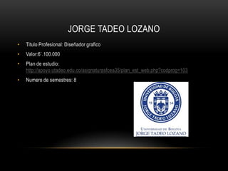 JORGE TADEO LOZANO
•   Titulo Profesional: Diseñador grafico
•   Valor:6`.100.000
•   Plan de estudio:
    http://apoyo.utadeo.edu.co/asignaturasfcea35/plan_est_web.php?codprog=103
•   Numero de semestres: 8
 