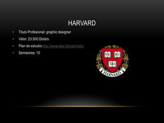 HARVARD
•   Titulo Profesional: graphic designer
•   Valor: 23.500 Dolars
•   Plan de estudio:http://www.dce.harvard.edu/
•   Semestres: 10
 