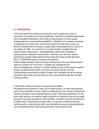 B- RESPUESTAS

1-El carro sale de una historia muy hermosa, que es aquel dia en que se
conocieron mis padres ,en el que compartieron momentos de felicidad,disfrutando
de la maravillosa naturaleza y de la vida,en esos tiempos mi mama quedo
embarazada de mi hermana llamada MERLY JOHANA a los 3 meses se casaron
y empezaron una nueva vida conviviendo juntos formando poco a poco una
familia completa,nacio mi hemana y luego quedo embarazada de mi y naci el 14
de octubre de 1995 , se convirtio en un nucleo familiar completo lleno de
vida,principios,valores,amor , respondabilidad y sobre todo entregada a
Dios,pasiamos,rumbiamos,compartiendo momentos con vecinos y demas
personas.En nuestro hogar tambien forma parte dos lindas perritas llamadas
PILLY Y MOROCHA que son nuestras consentidas.
Nuestro hogar esta lleno de armonia,paz,nobleza,etc,en el cual nuestros padres
cada uno cumple con una funcion, mi padre nos corresponde con
alimento,obligaciones y bienes y mi madre aparte de ser ama de casa es nuestra
amiga y compañera.Mis padres son todo en nuestar vida son los mas
fundamentales porque ellos cumplen el papel mas importante de ser los padres
mas lindos del mundo que nos dieron la vida y nos ayudand cada dia a cumplir
nuestros sueños.



2- Mi vida la conduzco yo pero con ayuda de mis padres.
Mi padres forman parte de mi vida y de mi existir porque son ellos las personas
que me han enseñado a luchar contra los obstaculos los que me han inculcado los
valores y principios mas fundamentales los cuales debo tener presente en mi ida
para poder alcanzar mis sueños ,seguir luchando sin importar lo que se me venga
porque con la ayuda que ellos me han brindado he sabido poner los pies firmes y
la cabeza alto ,conduciendo mi propia vida a un camino correcto porque sus
confianza,amor y sobre todo el valor mas importante que es ser responsable ante
mis compromisos,actos y decisiones que tome o actue ante mi vida.
 