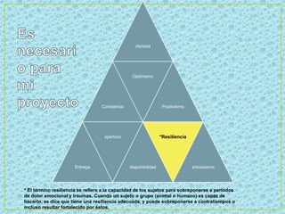 claridad
Constancia
Optimismo
Positivismo
Entrega
apertura
disponibilidad
*Resiliencia
entusiasmo
* El término resiliencia se refiere a la capacidad de los sujetos para sobreponerse a períodos
de dolor emocional y traumas. Cuando un sujeto o grupo (animal o humano) es capaz de
hacerlo, se dice que tiene una resiliencia adecuada, y puede sobreponerse a contratiempos o
incluso resultar fortalecido por éstos.
 