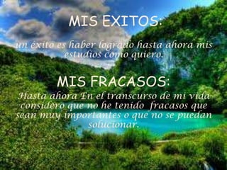 MIS EXITOS:
un éxito es haber logrado hasta ahora mis
estudios como quiero.
MIS FRACASOS:
Hasta ahora En el transcurso de mi vida
considero que no he tenido fracasos que
sean muy importantes o que no se puedan
solucionar.
 