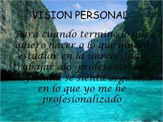 VISION PERSONAL:
Para cuando termine lo que
quiero hacer o lo que quiero
estudiar en la universidad
trabajar alo profesional que
mi familia se sienta orgullosa
en lo que yo me he
profesionalizado
 