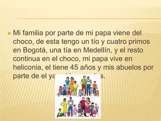  Mi familia por parte de mi papa viene del
choco, de esta tengo un tío y cuatro primos
en Bogotá, una tía en Medellín, y el resto
continua en el choco, mi papa vive en
heliconia, el tiene 45 años y mis abuelos por
parte de el ya están muertos.
 