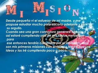 Desde pequeña vi el esfuerzo de mi madre, y me
propuse estudiar mucho para sacarla adelante y ser
su orgullo.
Cuando sea una gran contadora generaré trabajo, y
así estaré cumpliendo una de mis tantas metas que
para
ese entonces tendría cumplidas por el momento esas
son mis primeras misiones con el tiempo tendré nuevas
ideas y las iré cumpliendo poco a poco.
 