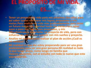 EL PROPÓSITO DE MI VIDA.
ES...
• Tener un proyecto de vida para mis próximos dos años para
así saber cuales van hacer mis logros propuestos y mis
metas.Para analizar mi vida mas profundamente para tener
un futuro mejor,con claridad hacia mis metas.Para saber
paso a paso mis logros, mis propósitos, y mis
dificultadespara desarrollar mi proyecto de vida, pero con
esfuerzo se que lo voya cumplir con mis sueños y proyecto.
• Analizo mi realidad para realizar el plan de acción:¿Cuál es
mi realidad?
• Mi realidad es que me estoy preparando para ser una gran
profesionaly para ser una gran persona.Mi realidad es todo
lo que tengo ahora, como tengo mi familia que
meesta apoyando, con el estudio con todo lo nuevo que esto
yaprendiendo.
 