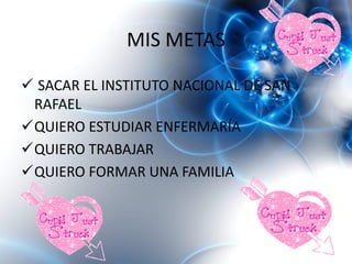 MIS METAS
 SACAR EL INSTITUTO NACIONAL DE SAN
RAFAEL
QUIERO ESTUDIAR ENFERMARÍA
QUIERO TRABAJAR
QUIERO FORMAR UNA FAMILIA

 