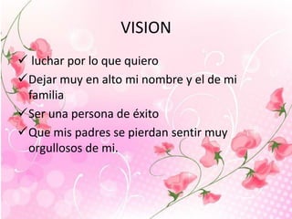 VISION
 luchar por lo que quiero
Dejar muy en alto mi nombre y el de mi
familia
Ser una persona de éxito
Que mis padres se pierdan sentir muy
orgullosos de mi.

 