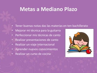 Metas a Mediano Plazo
• Tener buenas notas das las materias en ten bachillerato
• Mejorar mi técnica para la guitarra
• Perfeccionar mis técnicas de canto
• Realizar presentaciones de canto
• Realizar un viaje internacional
• Aprender nuevos conocimientos
• Realizar un curso de cocina
 