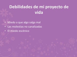 Debilidades de mi proyecto de
vida
• Miedo a que algo salga mal
• Las molestias no canalizadas
• El miedo escénico
 
