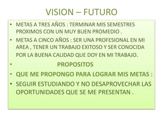 VISION – FUTURO
• METAS A TRES AÑOS : TERMINAR MIS SEMESTRES
PROXIMOS CON UN MUY BUEN PROMEDIO .
• METAS A CINCO AÑOS : SER UNA PROFESIONAL EN MI
AREA , TENER UN TRABAJO EXITOSO Y SER CONOCIDA
POR LA BUENA CALIDAD QUE DOY EN MI TRABAJO.
• PROPOSITOS
• QUE ME PROPONGO PARA LOGRAR MIS METAS :
• SEGUIR ESTUDIANDO Y NO DESAPROVECHAR LAS
OPORTUNIDADES QUE SE ME PRESENTAN .
 
