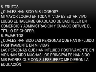 5. FRUTOS 
¿CUÁLES HAN SIDO MIS LOGROS? 
MI MAYOR LOGRO EN TODA MI VIDA ES ESTAR VIVO 
LUEGO EL HABERME GRADUADO DE BACHILLER EN 
COMERCIO Y ADMINISTRACIÓN Y CUANDO OBTUVE EL 
TÍTULO DE CHOFER. 
6. PAJARITOS 
¿CUÁLES HAN SIDO LAS PERSONAS QUE HAN INFLUIDO 
POSITIVAMENTE EN MI VIDA? 
LAS PERSONAS QUE HAN INFLUIDO POSITIVAMENTE EN 
VIDA HAN SIDO MUCHAS LOS PRINCIPALES HAN SIDO 
MIS PADRES QUE CON SU ESFUERZO ME DIERON LA 
EDUCACIÓN 
 