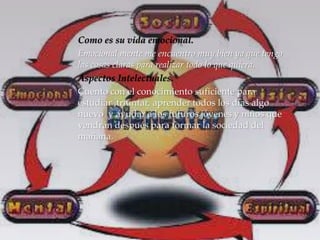 Como es su vida emocional. 
Emocional mente me encuentro muy bien ya que tengo 
las cosas claras para realizar todo lo que quiera. 
Aspectos Intelectuales. 
Cuento con el conocimiento suficiente para 
estudiar ,triunfar, aprender todos los días algo 
nuevo y ayudar a los futuros jóvenes y niños que 
vendrán después para formar la sociedad del 
mañana. 
 