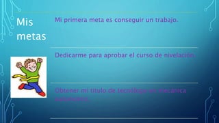 Mis
metas
Mi primera meta es conseguir un trabajo.
Dedicarme para aprobar el curso de nivelación.
Obtener mi titulo de tecnólogo en mecánica
automotriz.
 
