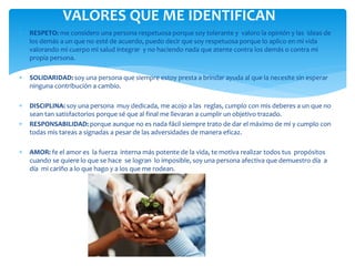  RESPETO: me considero una persona respetuosa porque soy tolerante y valoro la opinión y las ideas de
los demás a un que no esté de acuerdo, puedo decir que soy respetuosa porque lo aplico en mi vida
valorando mi cuerpo mi salud integrar y no haciendo nada que atente contra los demás o contra mi
propia persona.
 SOLIDARIDAD: soy una persona que siempre estoy presta a brindar ayuda al que la necesite sin esperar
ninguna contribución a cambio.
 DISCIPLINA: soy una persona muy dedicada, me acojo a las reglas, cumplo con mis deberes a un que no
sean tan satisfactorios porque sé que al final me llevaran a cumplir un objetivo trazado.
 RESPONSABILIDAD: porque aunque no es nada fácil siempre trato de dar el máximo de mí y cumplo con
todas mis tareas a signadas a pesar de las adversidades de manera eficaz.
 AMOR: fe el amor es la fuerza interna más potente de la vida, te motiva realizar todos tus propósitos
cuando se quiere lo que se hace se logran lo imposible, soy una persona afectiva que demuestro día a
día mi cariño a lo que hago y a los que me rodean.
VALORES QUE ME IDENTIFICAN
 