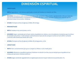  CORTO PLAZO
 META: Engrandecer r mis intenses espirituales a través de fortalecer mi relación con Dios.
 ACCIONES: Teniendo en todo momento y en toda acción presente a Dios, orando y agradeciendo a dios por todos los
que nos suceda diariamente, no perdiendo la costumbre de asistir a misas, haciendo meditaciones internas que me
permitan evaluar mis acciones cotidianas.
 AYUDA: El templo de Dios (la iglesia), la Biblia. Mi entrega.
 MEDIANO PLAZO
 META: Fortalecer mis convicciones y mi Fe.

 ACCIONES: Seguir caminando por el buen camino, basándome en valores y no en los placeres monetarios que me ofrece
la sociedad consumista. Y como siempre caminando de la mano de dios aunque el camino se torne difícil. Luchando
contra las miles tentaciones diarias de la vida.
 AYUDA: El templo de Dios (la iglesia), la Biblia. Mi entrega amor y la fe.
 LARGO PLAZO
 META: Velar constantemente por que se cumplan Las Metas a corto medio plazo.
 ACCIONES: Mantener el equilibrio espiritual, mantener mi relación con Dios, buscar siempre que el equilibrio no se
rompa, por personas o factores externos.
 AYUDA: Seguir asistiendo sagradamente a la iglesia para renovar me por medio de la eucaristía amor fe.
DIMENSIÓN ESPIRITUAL
 