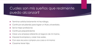 Cuales son mis sueños que realmente
puedo alcanzar?
 Terminar satisfactoriamente mi tecnólogo.
 Continuar estudiando para lograr un titulo universitario.
 Ser la mejor profesional.
 Continuar preparándome
 Crear una empresa referente al negocio de mi mama.
 Impulsar la empresa y crear mas sedes.
 Con esos recursos comprar una casa a mi mama
 Casarme tener hijos
 