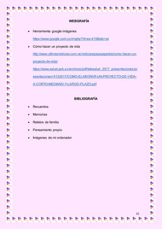 15
WEBGRAFÍA
 Herramienta google imágenes
https://www.google.com.co/imghp?hl=es-419&tab=wi
 Cómo hacer un proyecto de vida
http://www.ultimasnoticias.com.ve/noticias/papayapedia/como-hacer-un-
proyecto-de-vida/
https://www.salud.gob.sv/archivos/pdf/telesalud_2017_presentaciones/pr
esentaciones14122017/COMO-ELABORAR-UN-PROYECTO-DE-VIDA-
A-CORTO-MEDIANO-Y-LARGO-PLAZO.pdf
BIBLIOGRAFÍA
 Recuerdos
 Memorias
 Relatos de familia
 Pensamiento propio
 Imágenes de mi ordenador
 