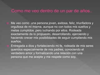  Me veo como una persona joven, exitosa, feliz, triunfadora y
orgullosa de mi misma, aunque no con todos mis sueños y
metas cumplidos ,pero luchando por ellos. Rodeada
exactamente de lo propuesto, desarrollando, ejerciendo y
haciendo crecer mis posibilidades de seguir cumpliendo mis
sueños.
 Entregada a dios y fortaleciendo mi fe, rodeada de mis seres
queridos especialmente de mis padres, conociendo el
verdadero amor y formalizando una relación con una
persona que me acepte y me respete como soy.
 