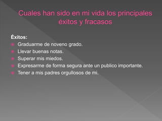 Éxitos:
 Graduarme de noveno grado.
 Llevar buenas notas.
 Superar mis miedos.
 Expresarme de forma segura ante un publico importante.
 Tener a mis padres orgullosos de mi.
 