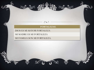 FORTALEZAS.
DIOS ES MI MAYOR FORTALEZA
MI MADRE ES MI FORTALEZA
MI FAMILIA SON MI FORTALEZA.
 