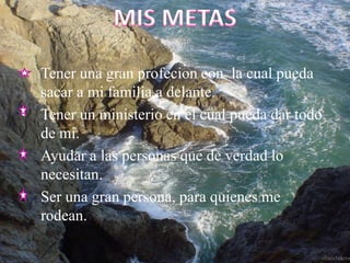 Tener una gran profecion con  la cual pueda sacar a mi familia a delante.Tener un ministerio en el cual pueda dar todo de mi.Ayudar a las personas que de verdad lo necesitan.Ser una gran persona, para quienes me rodean.MIS METAS
