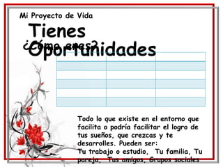 Mi Proyecto de Vida
Tienes
Oportunidades¿Cómo eres?
Todo lo que existe en el entorno que
facilita o podría facilitar el logro de
tus sueños, que crezcas y te
desarrolles. Pueden ser:
Tu trabajo o estudio, Tu familia, Tu
pareja, Tus amigos, Grupos sociales
 