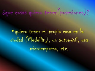 ¿que cosas quiero tener(posesiones)?

    • quiero tener mi propia casa en la
   ciudad (Medellín), un automóvil, una
             microempresa, etc.
 