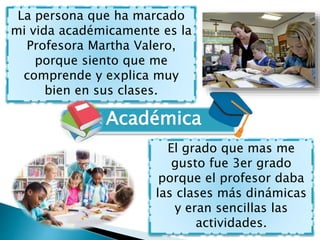 La persona que ha marcado
mi vida académicamente es la
Profesora Martha Valero,
porque siento que me
comprende y explica m...