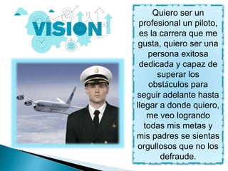 Quiero ser un
profesional un piloto,
es la carrera que me
gusta, quiero ser una
persona exitosa
dedicada y capaz de
superar los
obstáculos para
seguir adelante hasta
llegar a donde quiero,
me veo logrando
todas mis metas y
mis padres se sientas
orgullosos que no los
defraude.
 