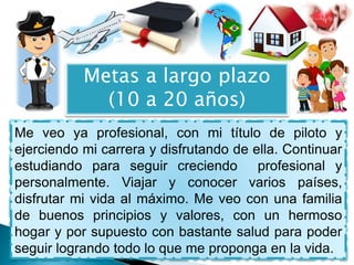 Metas a largo plazo
(10 a 20 años)
Me veo ya profesional, con mi título de piloto y
ejerciendo mi carrera y disfrutando de...