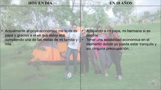 HOY EN DIA EN 10 AÑOS
• Actualmente el poyo económico me lo da mi
papa y gracias a el es que estoy acá
cumpliendo una de las metas de mi familia y
mía.
• Apoyando a mi papa, mi hermana si es
posible…
• Tener una estabilidad económica en el
momento donde yo pueda estar tranquila y
sin ninguna preocupación.
 
