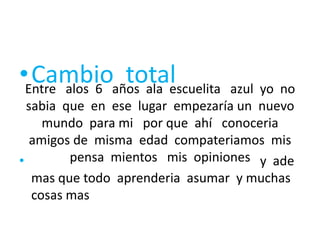 Entre   alos  6   años  ala  escuelita   azul  yo  no sabia  que  en  ese  lugar  empezaría un  nuevo mundo  para mi   por que  ahí   conoceria  amigos de  misma  edad  compateriamos  mis  pensamientos   mis  opinionesCambio  totaly  ade mas que todo  aprenderiaasumar  y muchas cosas mas