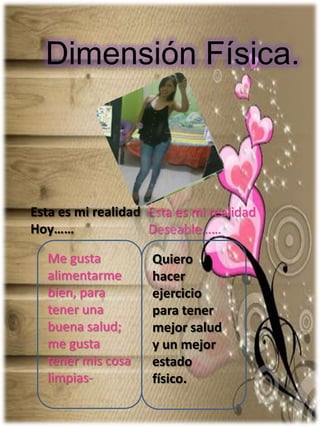 Dimensión Física.
Esta es mi realidad
Hoy……
Esta es mi realidad
Deseable……
Me gusta
alimentarme
bien, para
tener una
buena salud;
me gusta
tener mis cosa
limpias-
Quiero
hacer
ejercicio
para tener
mejor salud
y un mejor
estado
físico.
 