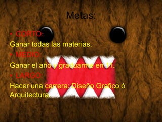 Metas:
• CORTO:
Ganar todas las materias.
• MEDIO:
Ganar el año y graduarme en 11.
• LARGO:
Hacer una carrera: Diseño Grafico ó
Arquitectura.
 