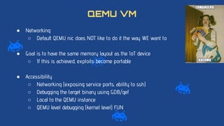 ● Networking
○ Default QEMU nic does NOT like to do it the way WE want to
● Goal is to have the same memory layout as the IoT device
○ If this is achieved, exploits become portable
● Accessibility
○ Networking (exposing service ports, ability to ssh)
○ Debugging the target binary using GDB/gef
○ Local to the QEMU instance
○ QEMU level debugging (kernel level) FUN
QEMU VM
 