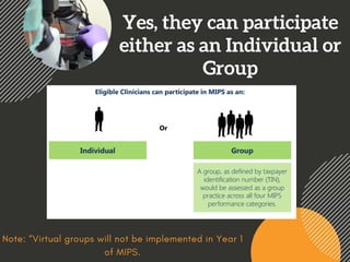 Yes, they can participate
either as an Individual or
Group
Note: “Virtual groups will not be implemented in Year 1
of MIPS.
 