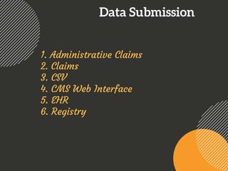 Data Submission
1. Administrative Claims
2. Claims
3. CSV
4. CMS Web Interface
5. EHR
6. Registry
 