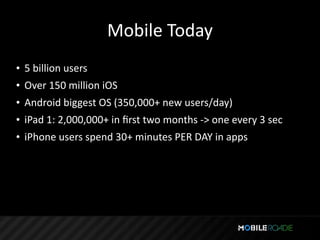 Mobile Today
• 5 billion users
• Over 150 million iOS
• Android biggest OS (350,000+ new users/day)
• iPad 1: 2,000,000+ in ﬁrst two months ‐> one every 3 sec
• iPhone users spend 30+ minutes PER DAY in apps
 