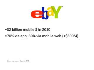 •$2 billion mobile $ in 2010
•70% via app, 30% via mobile web (+$800M)




 (Source: aimgroup.com, September 2010)
 
