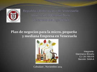 Plan de negocios para la micro, pequeña 
y mediana Empresa en Venezuela 
Integrante: 
Gianmarco Briceño 
C.I: 24.159.616 
Sección: SAIA-A 
Cabudare , Noviembre 2014 
 