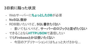 3ǰꈤä״r
- Web`Щ`ˤäȤDBҪ
- NoSQL΢
- RDBʹɡSQLʤ
- Ƥ⤤ɡ`Щ`ΥåȻ줼ʤ
- Ǥ뤳ȤʤHTTP/JSONͨŤ
- ǤFirebaseȤʹʤ
- ؤΥץꥱ`ˤϤäȴ󤲤...
 