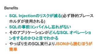Benefits
- SQL InjectionΥꥹp(ؤĥץ`
ۥʹä)
- SQLǰѥ뤷줬ʤ
- Υץꥱ`󤬤ɤSQL ڥ`
򤹤ΤҤĿǤ狼
- äѤSQLgФJSONiۤ
g
 