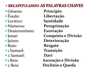 Gênesis:
 Êxodo:
 Levítico:
 Números:
 Deuteronômio:
 Josué:
 Juízes:
 Rute:
 1 Samuel:
 2 Samuel:
 1 Reis:
 2 Reis:
Princípio
Libertação
Santidade
Peregrinação
Exortação
Conquista e Divisão
Deterioração
Resgate
Transição
Davi
Ascenção e Divisão
Declínio e Queda
 