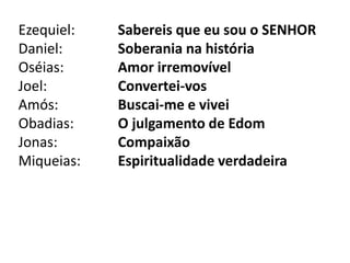 Ezequiel:
Daniel:
Oséias:
Joel:
Amós:
Obadias:
Jonas:
Miqueias:
Sabereis que eu sou o SENHOR
Soberania na história
Amor irremovível
Convertei-vos
Buscai-me e vivei
O julgamento de Edom
Compaixão
Espiritualidade verdadeira
 