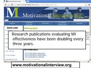 Research publications evaluating MI
effectiveness have been doubling every
three years.
www.motivationalinterview.org
 