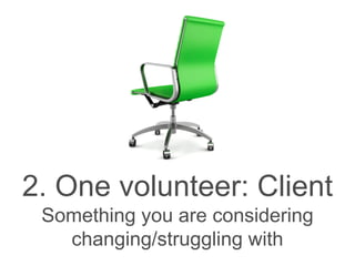 2. One volunteer: Client
Something you are considering
changing/struggling with
 